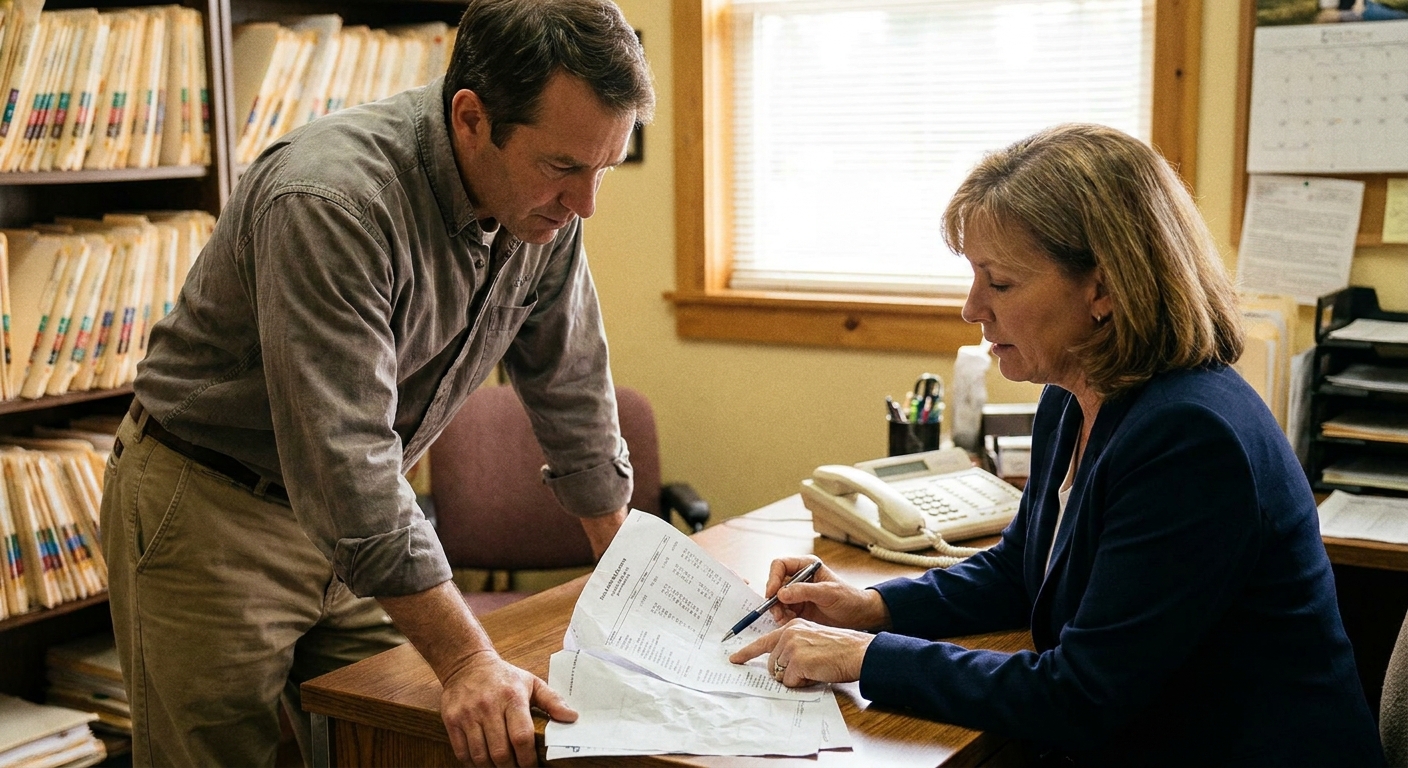 A veterinarian (a man in his forties in business-casual) seated beside a CPA (a woman in her fifties in a blazer)…