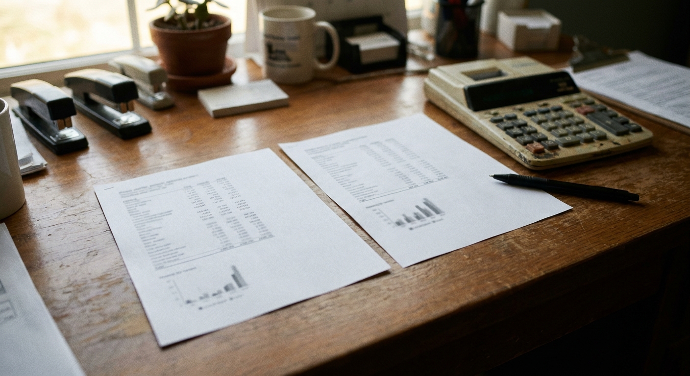 Close-up of a desk with a printed revenue page and a printed earnings page laid side by side for comparison, a…