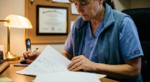 A woman veterinarian in her fifties in scrubs at a practice office desk, looking DOWN at a printed revenue…