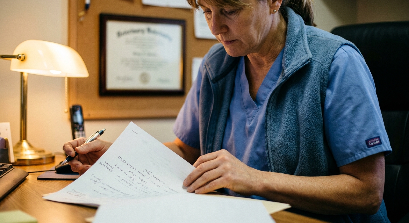 A woman veterinarian in her fifties in scrubs at a practice office desk, looking DOWN at a printed revenue…