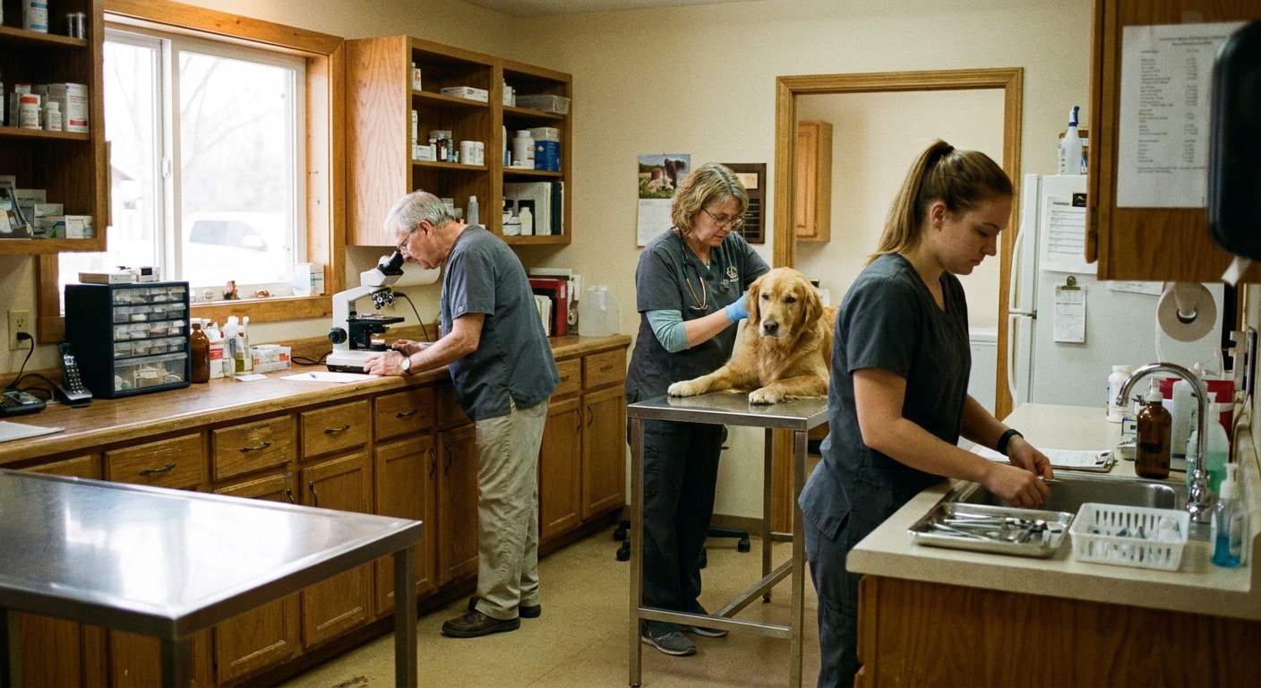 A well-run treatment area of an independent small-animal practice mid-morning: two veterinarians and a technician…