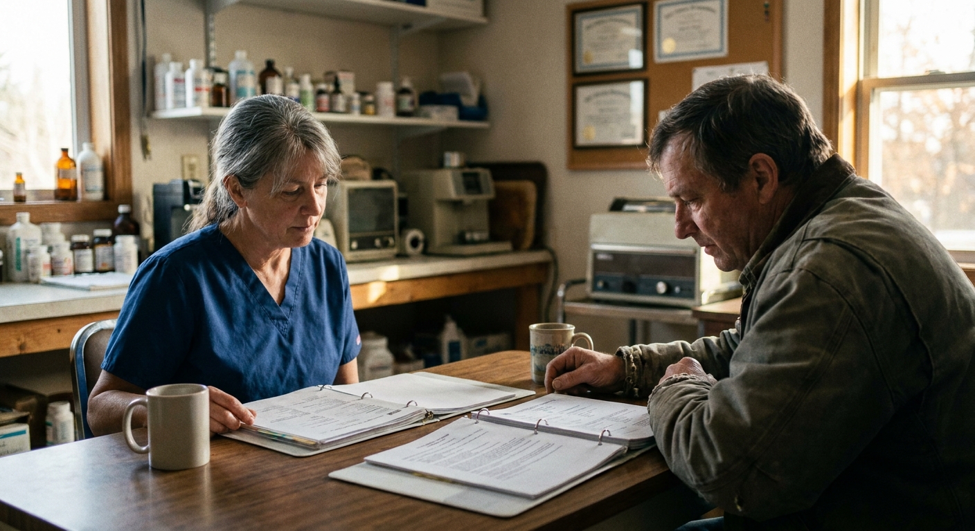 A veterinarian (a woman in her fifties) across a worktable from a sell-side advisor (a man in his forties),…
