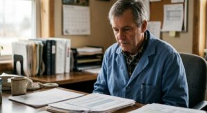 A male veterinarian in his late forties in a lab coat at an office desk, looking DOWN at a printed…
