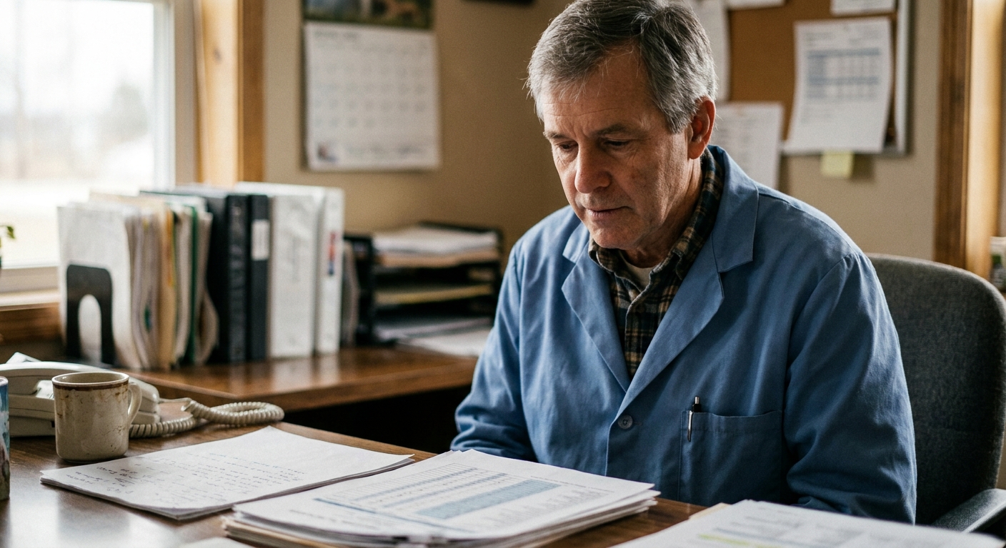 A male veterinarian in his late forties in a lab coat at an office desk, looking DOWN at a printed…