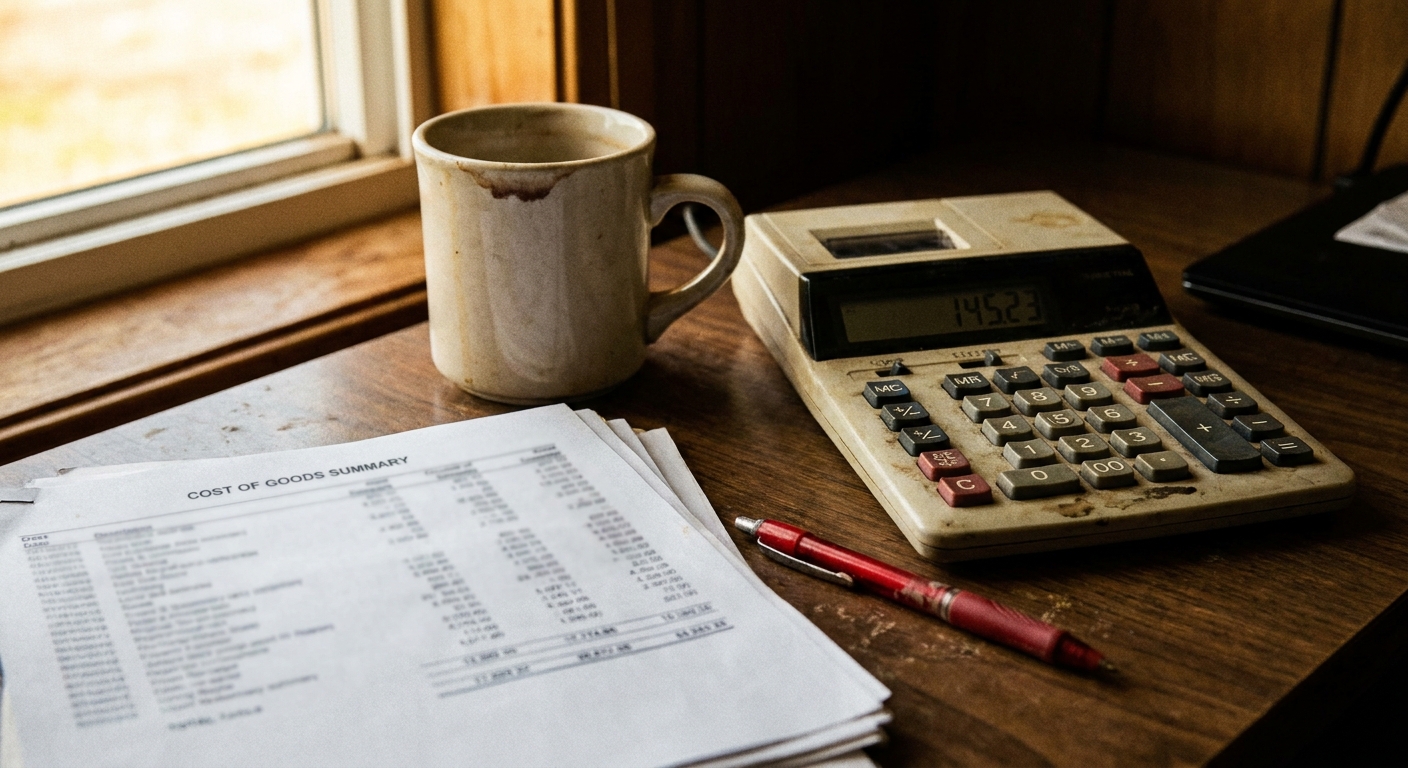 Close-up of a desk with a printed cost-of-goods summary, a calculator mid-calculation, a red pen, and a mug…