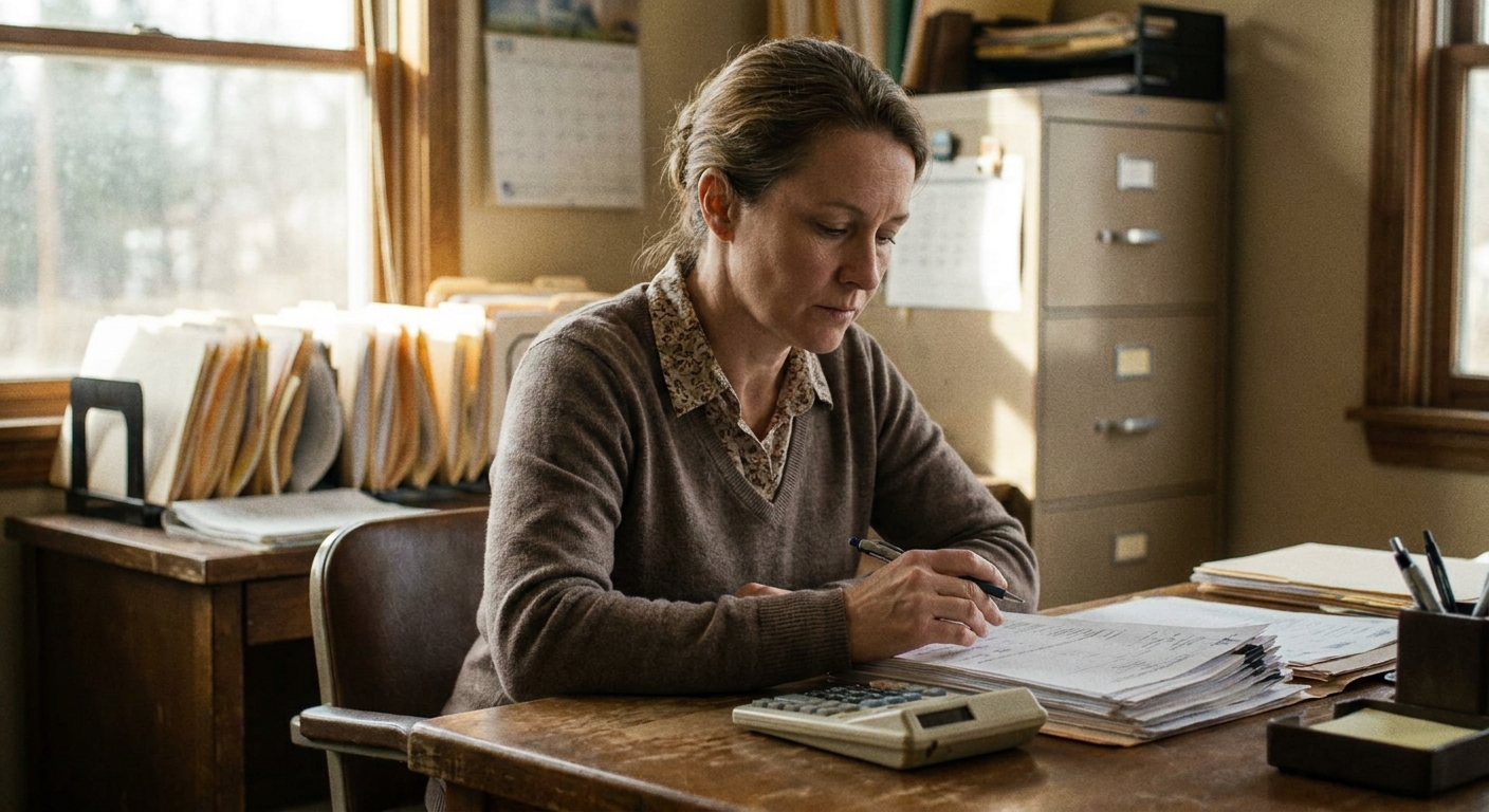 A woman veterinarian in her mid-forties in business-casual at an office desk, looking DOWN at a printed expense…