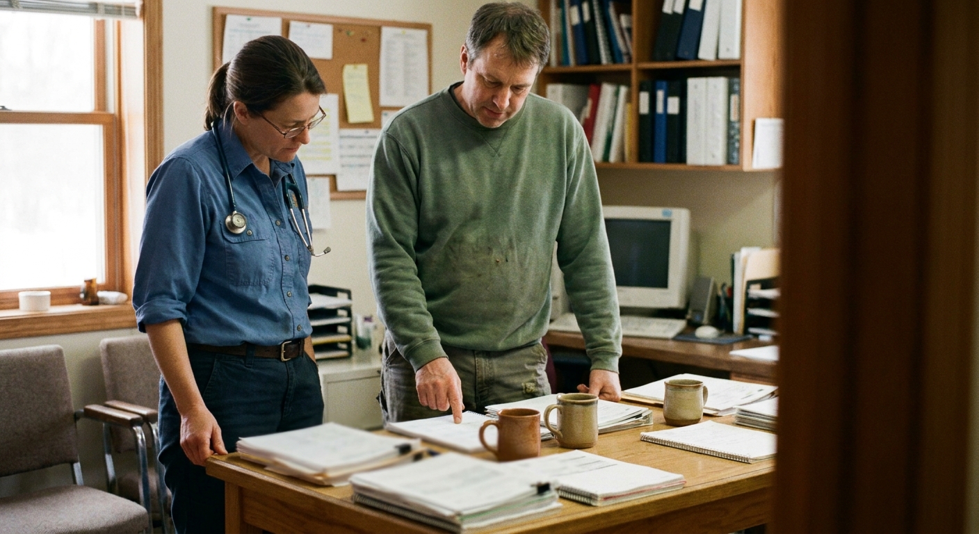 A veterinarian (a woman in her forties in business-casual) and a sell-side advisor (a man in his fifties) at a…