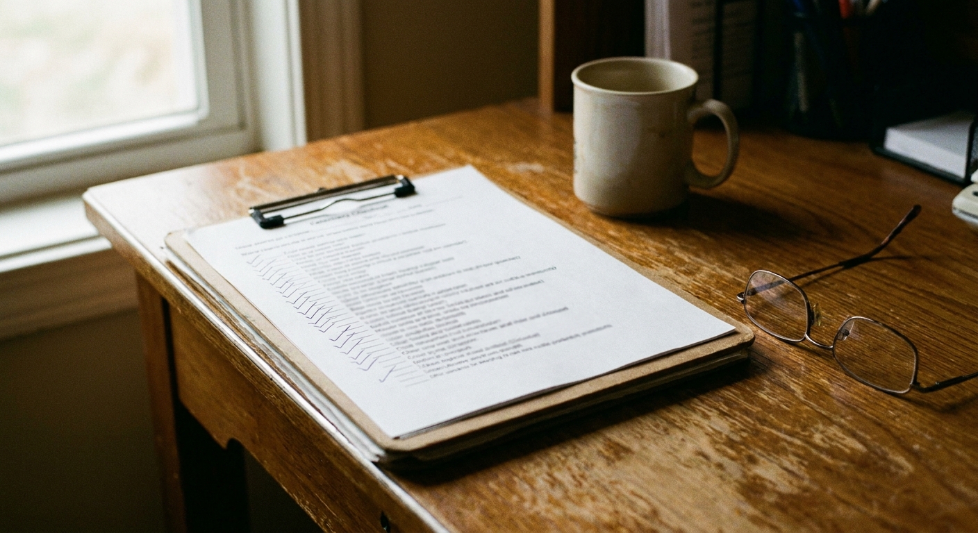 Close-up of a desk with a printed checklist carrying pen ticks down the left margin, a coffee mug, and a pair of…