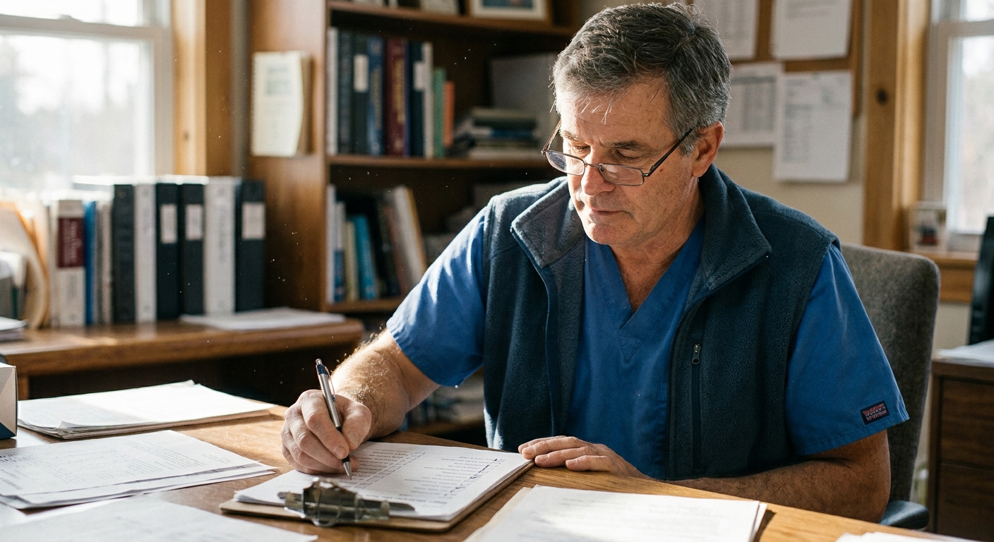 A male veterinarian in his fifties in scrubs at an office desk working DOWN a printed multi-item checklist on a…
