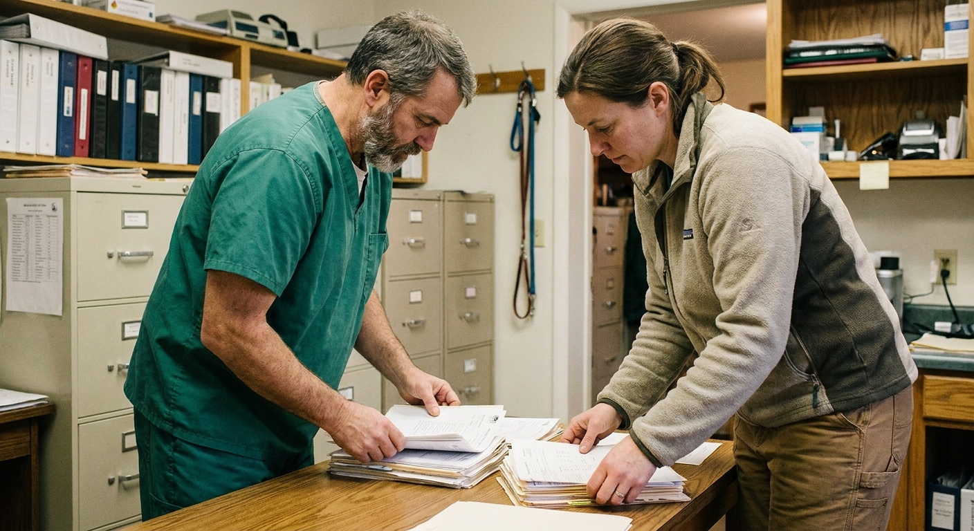 A veterinarian (a man in his fifties in scrubs) and a practice manager (a woman in her forties) at a worktable…