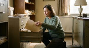 A woman veterinarian in her early fifties in business-casual kneeling at an open filing drawer in a practice…