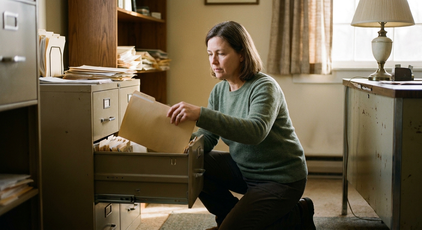 A woman veterinarian in her early fifties in business-casual kneeling at an open filing drawer in a practice…