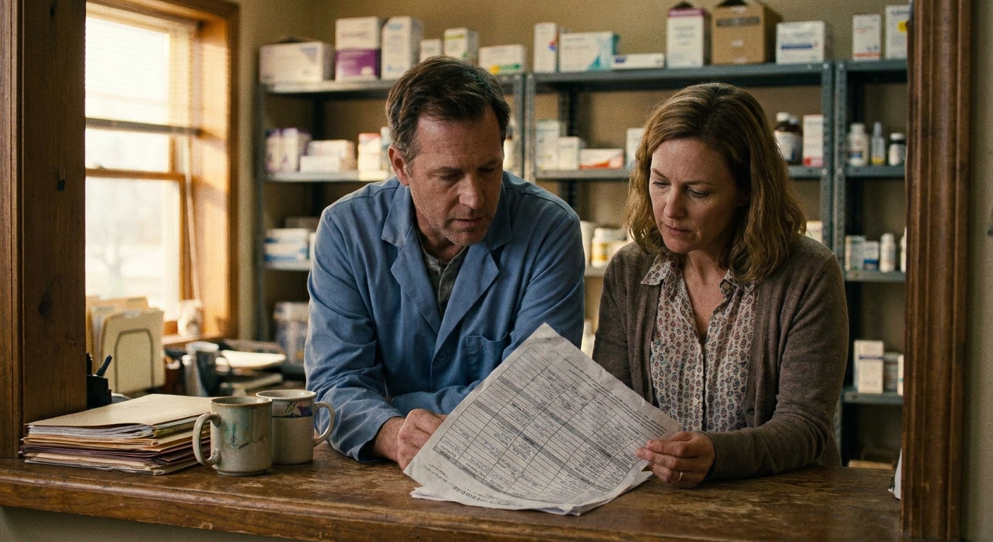 An owner veterinarian (a man in his late forties in a lab coat) and a practice manager (a woman in her forties in…