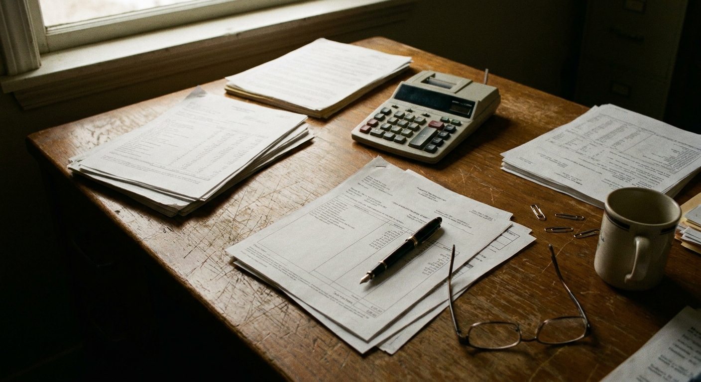 Close-up of printed payroll and budget pages spread on a scratched wooden desk with a calculator, a fountain pen,…
