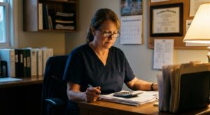 A woman veterinarian in her early fifties in navy scrubs at a tidy practice office desk in the evening, looking…