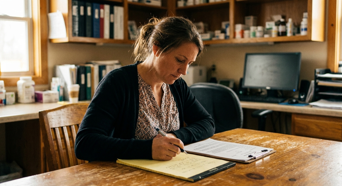 A practice owner (a woman in her forties in business-casual) at a worktable comparing a printed recruiter…