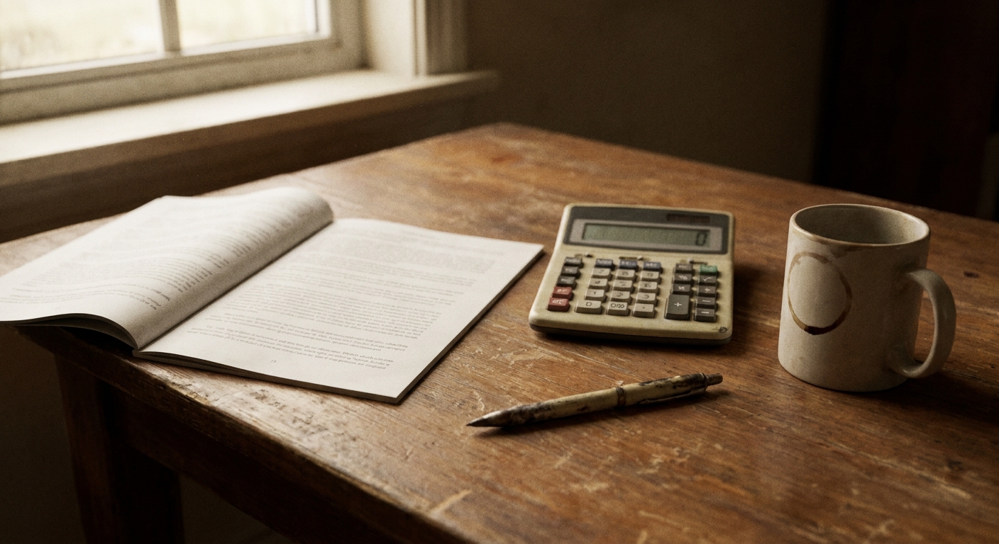 Close-up of a desk with a printed engagement letter, a calculator showing a soft-focus figure, a pen, and a coffee…