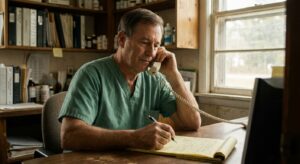 A male veterinarian in his fifties in scrubs at a back-office desk holding a phone to his ear, a yellow legal pad…