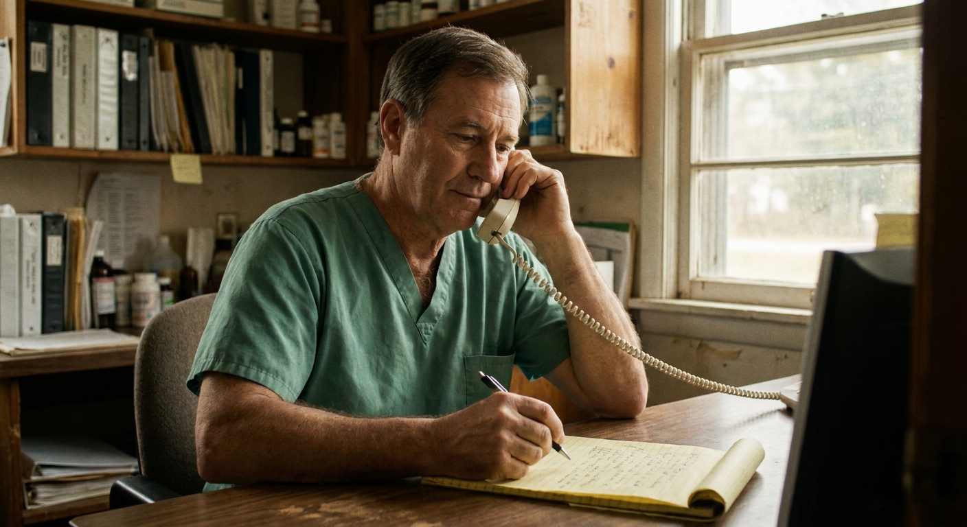 A male veterinarian in his fifties in scrubs at a back-office desk holding a phone to his ear, a yellow legal pad…