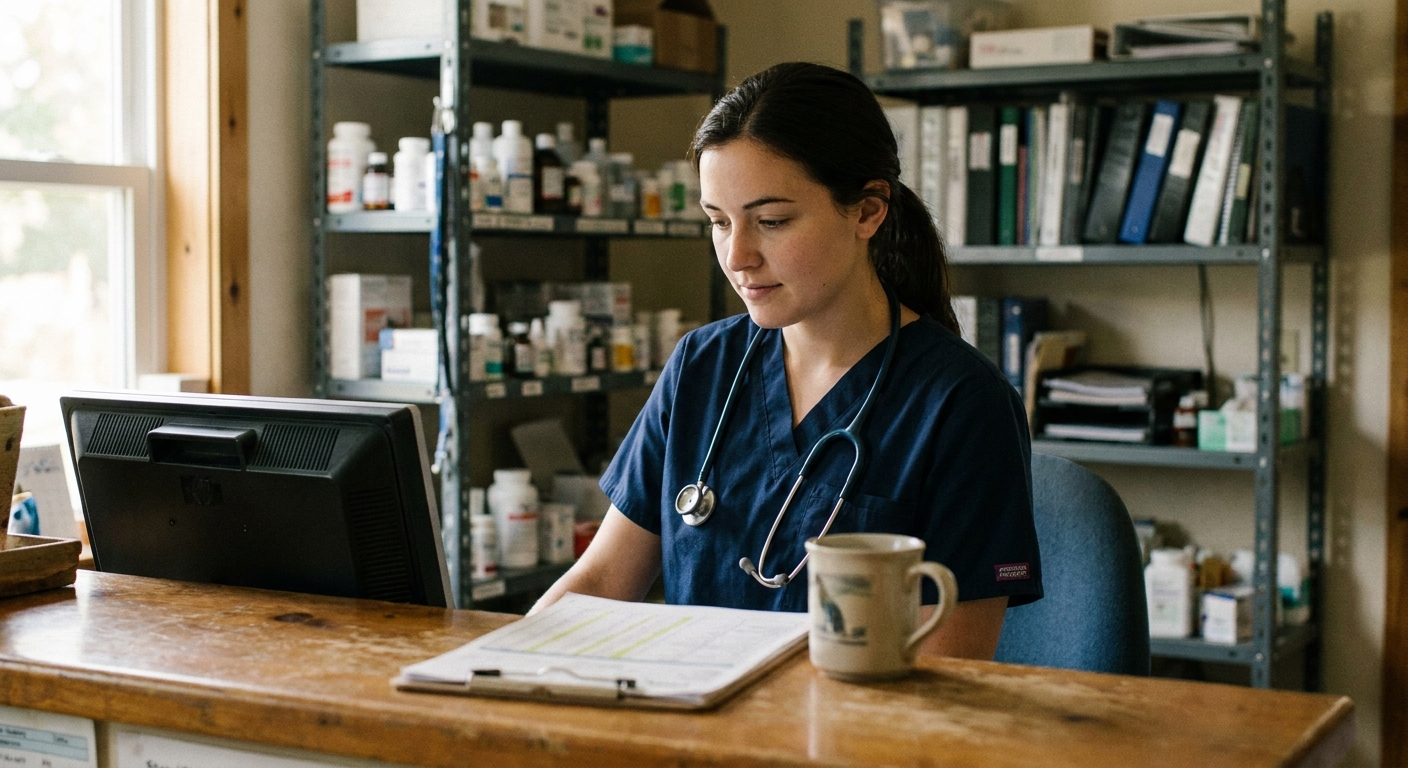 A young associate veterinarian (a woman in her early thirties in scrubs) working confidently at a clinic…