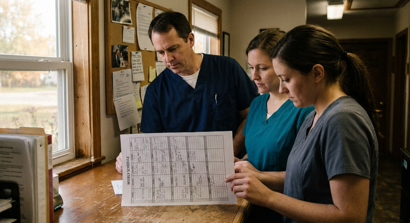 A veterinary team of three (a man in his forties in scrubs, a woman in her thirties in scrubs, a technician in her…
