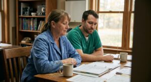 An owner veterinarian (a woman in her fifties in a lab coat) and an associate veterinarian (a man in his early…