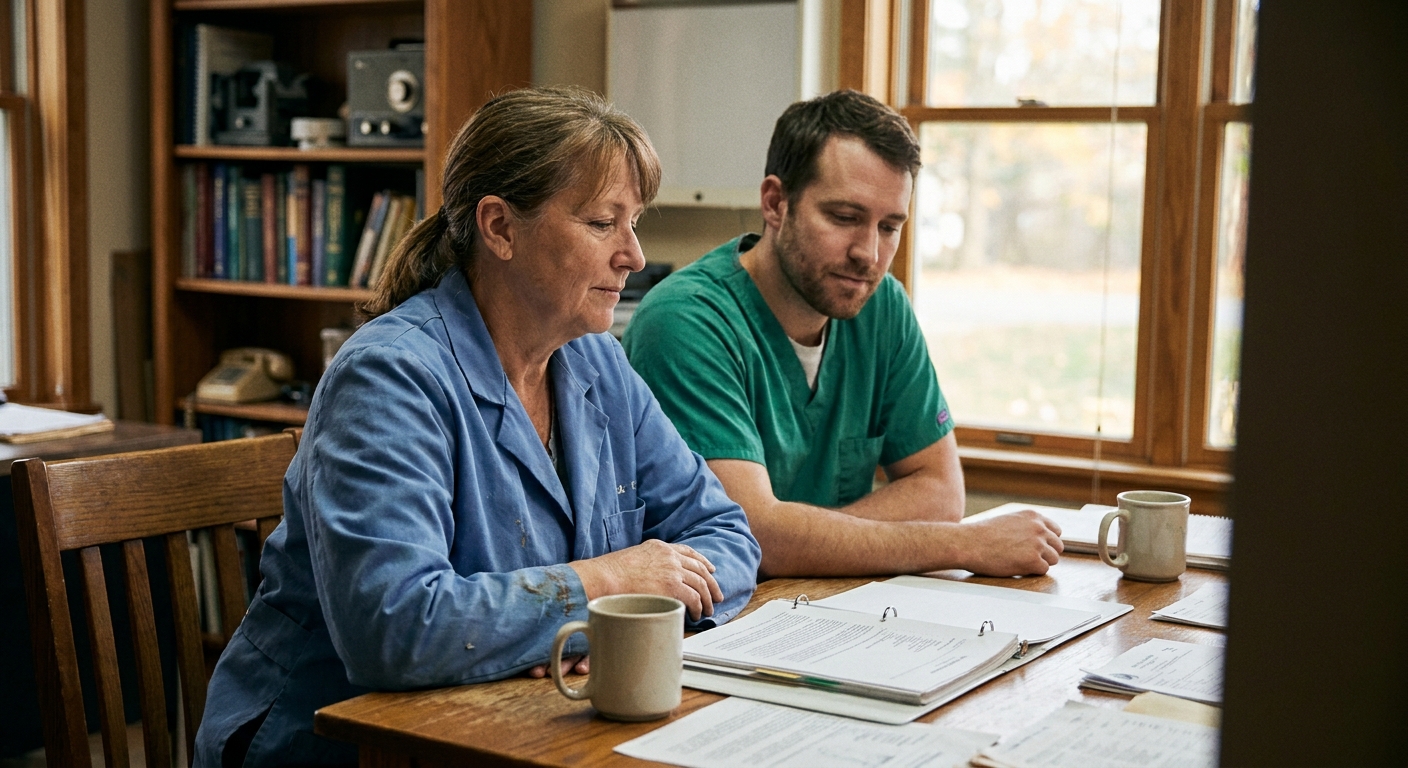 An owner veterinarian (a woman in her fifties in a lab coat) and an associate veterinarian (a man in his early…