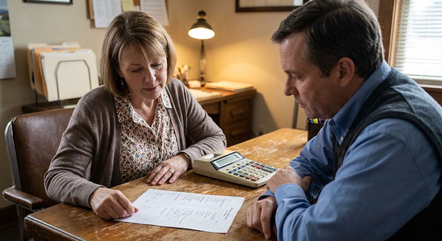 A veterinarian (a woman in her fifties in business-casual) seated beside a CPA (a man in his forties in a…
