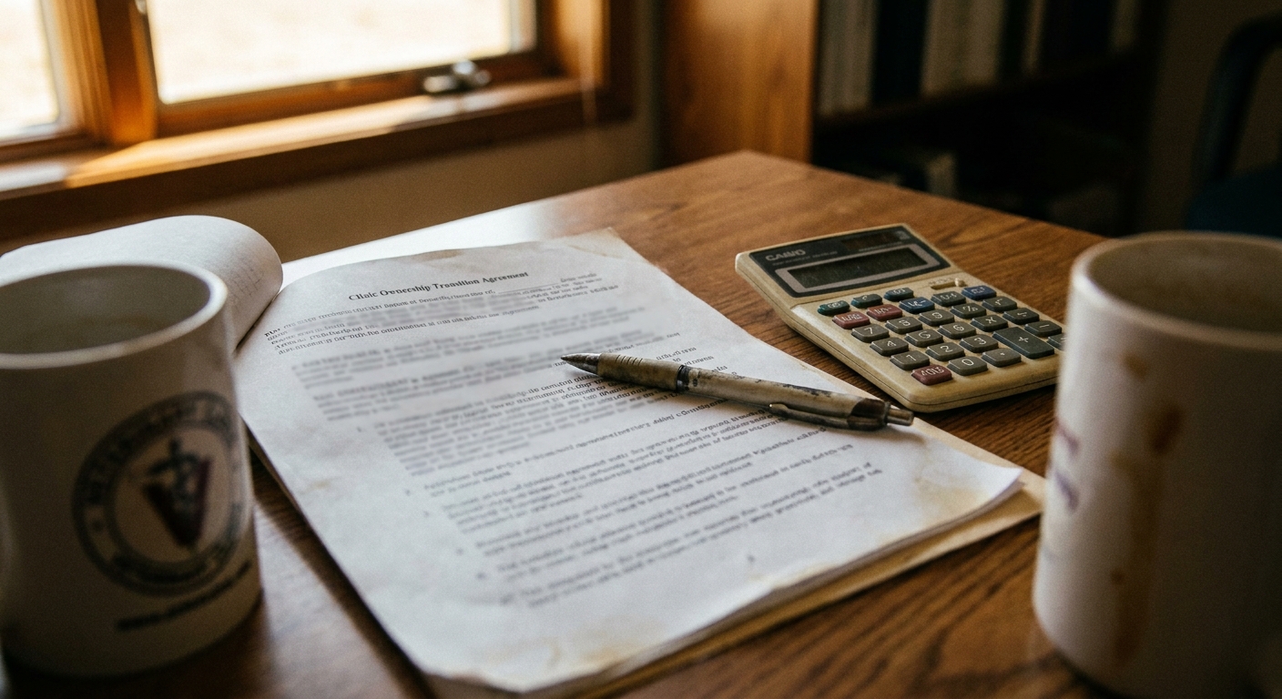Close-up of a desk with a printed ownership-transition document, a pen laid across it, a calculator, and two…