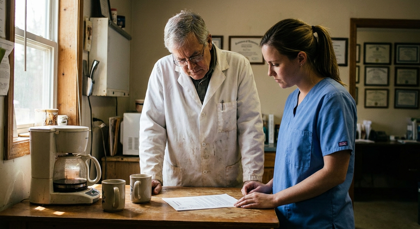 An owner veterinarian (a man in his late fifties in a lab coat) and an associate veterinarian (a woman in her…