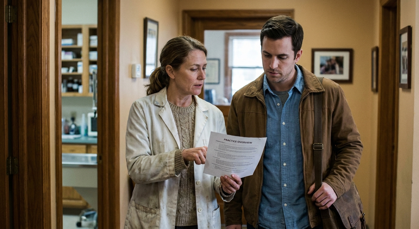 An owner veterinarian (a woman in her late forties in a lab coat) walking a job candidate (a man in his early…