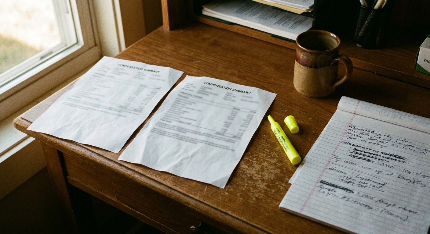 Close-up of a desk with two printed compensation summaries side by side, a highlighter uncapped, a legal pad with…