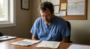 A male veterinarian in his forties in scrubs at a practice office desk comparing two printed offer sheets laid…
