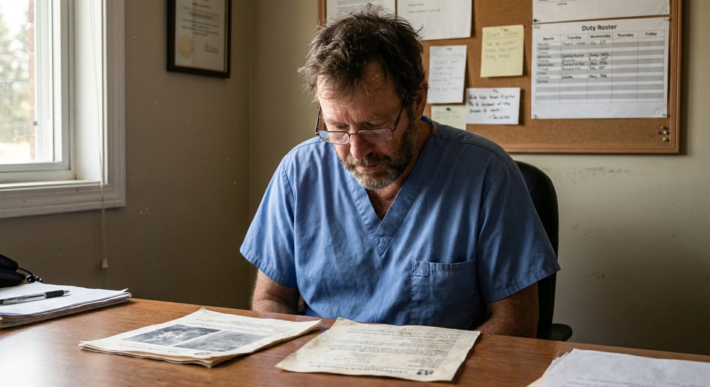 A male veterinarian in his forties in scrubs at a practice office desk comparing two printed offer sheets laid…