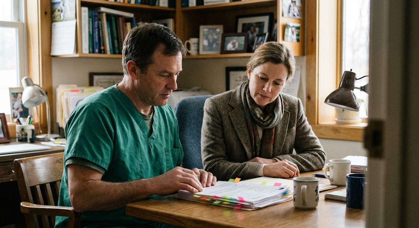A practice owner (a man in his fifties in scrubs) and an attorney (a woman in her forties in a blazer) at a…