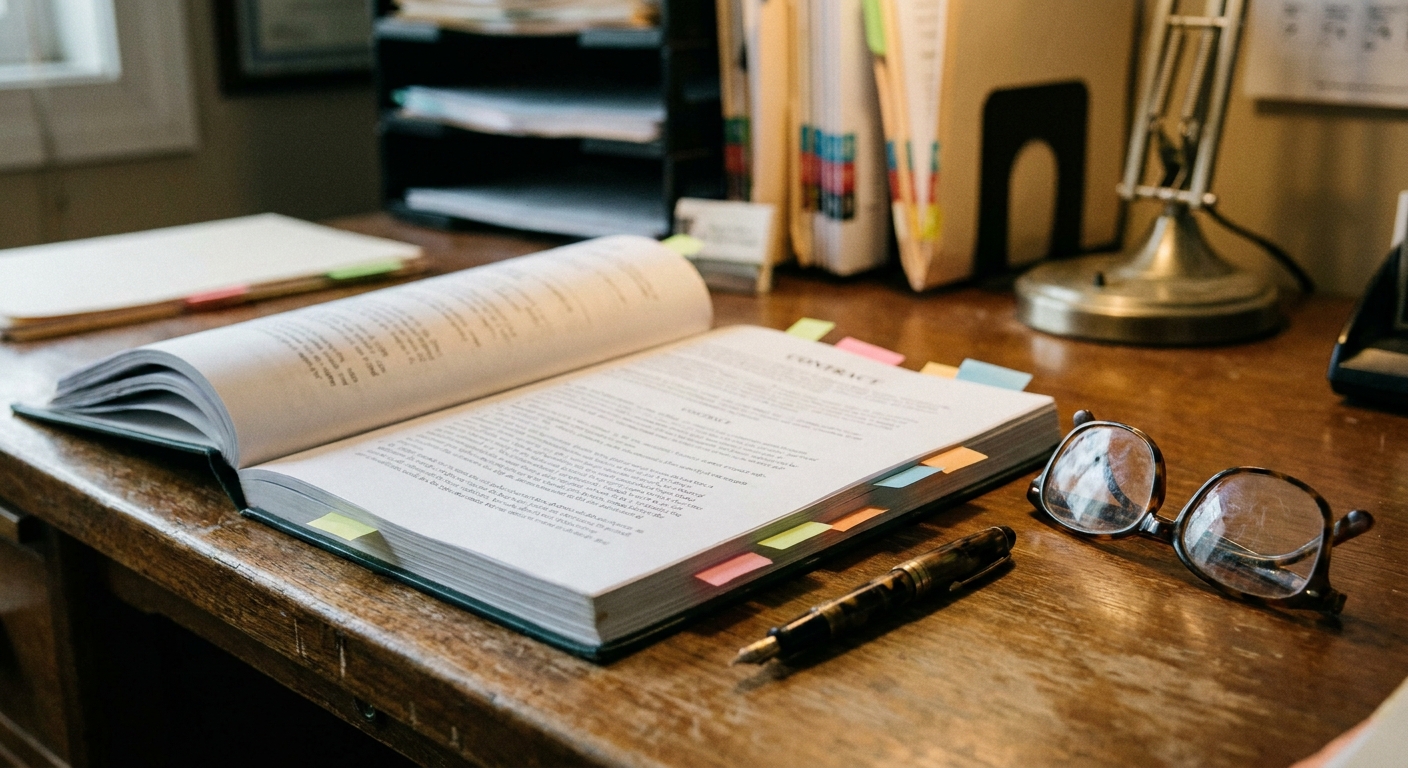 Close-up of a desk with a multi-page printed contract open flat, colored sticky tabs along the edge, a fountain…