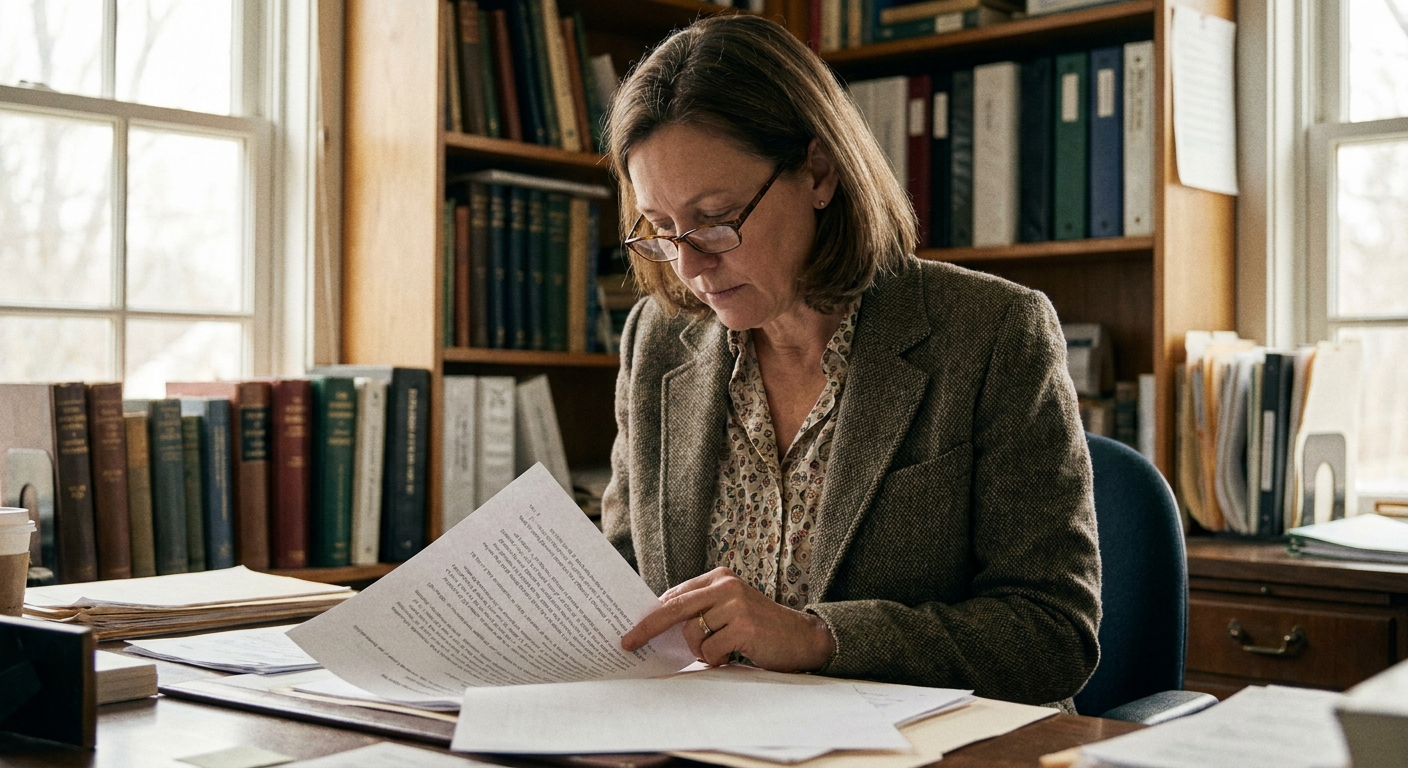 A woman veterinarian in her early fifties in business-casual at an office desk reading a printed employment…