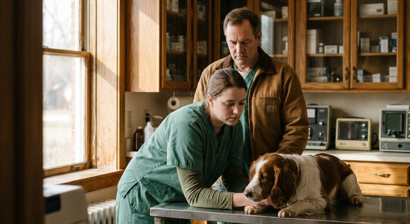 A new-graduate veterinarian (a woman in her mid-twenties in scrubs) at an exam table with a calm dog and an…