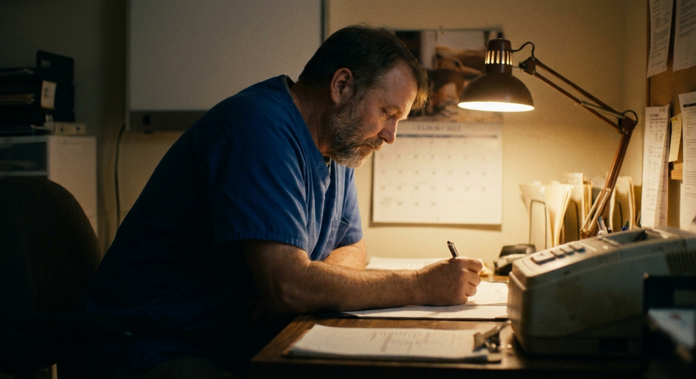 A male veterinarian in his fifties in scrubs at an office desk in the evening, looking DOWN at a printed…