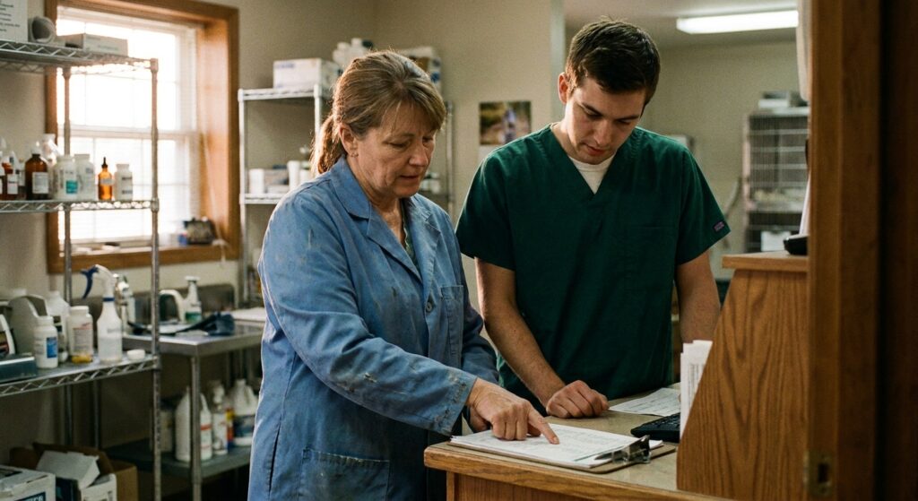 An owner veterinarian (a woman in her fifties in a lab coat) and a new-graduate veterinarian (a man in his…