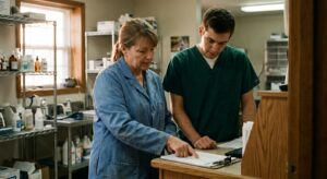 An owner veterinarian (a woman in her fifties in a lab coat) and a new-graduate veterinarian (a man in his…