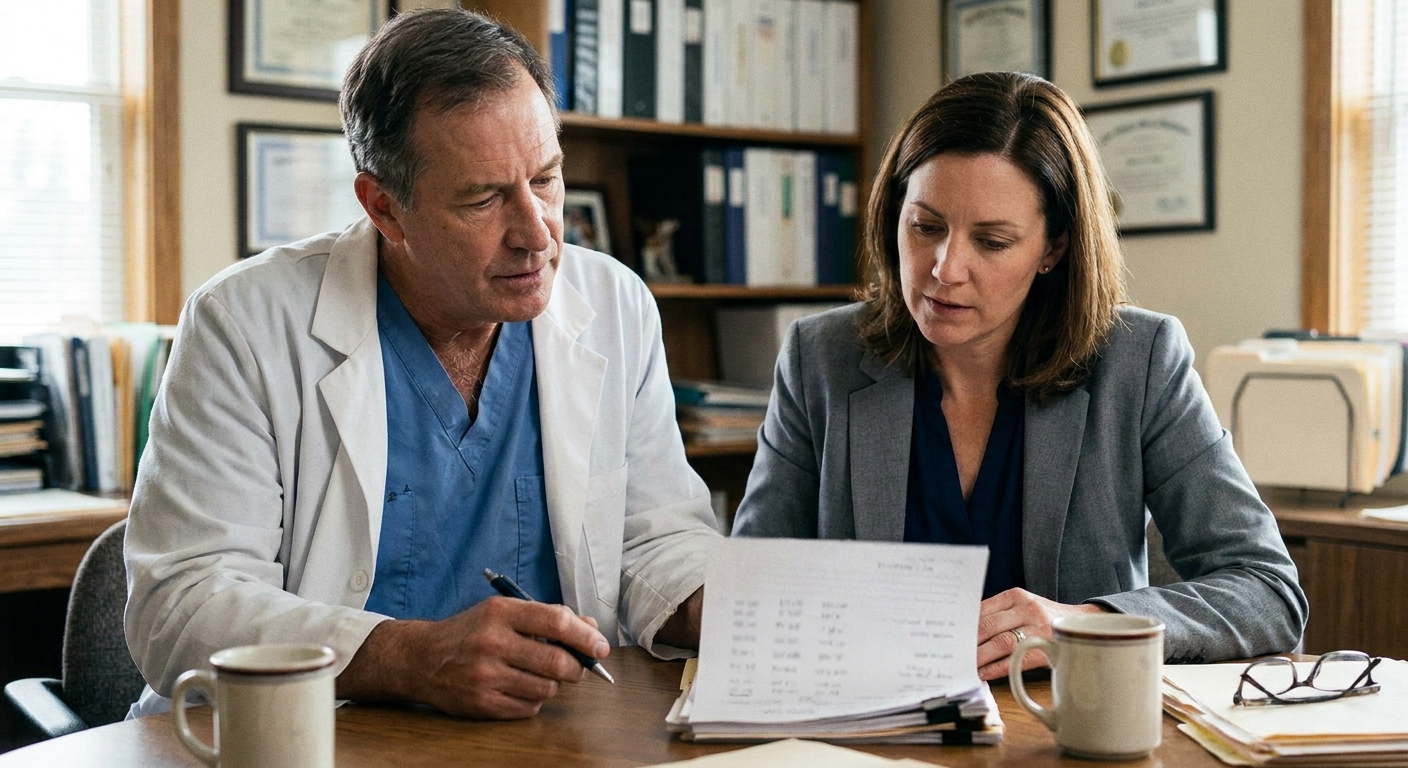 A veterinarian (a man in his fifties in a lab coat) and a sell-side advisor (a woman in her forties in…