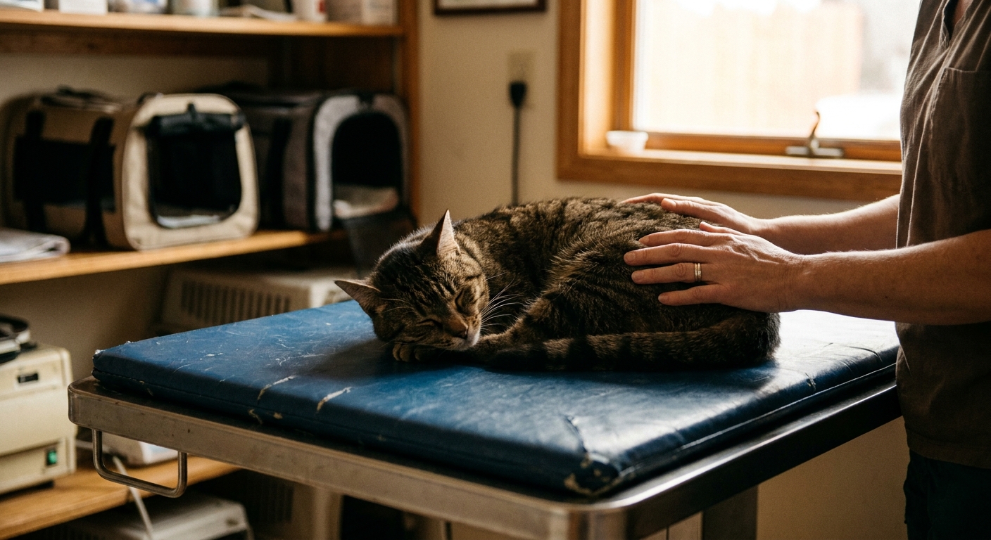 A calm cat curled on a padded exam surface in a quiet feline practice room, a veterinary technician's hands (a…