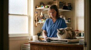 A woman veterinarian in her late forties in scrubs in a quiet feline-only exam room, looking DOWN at a printed…