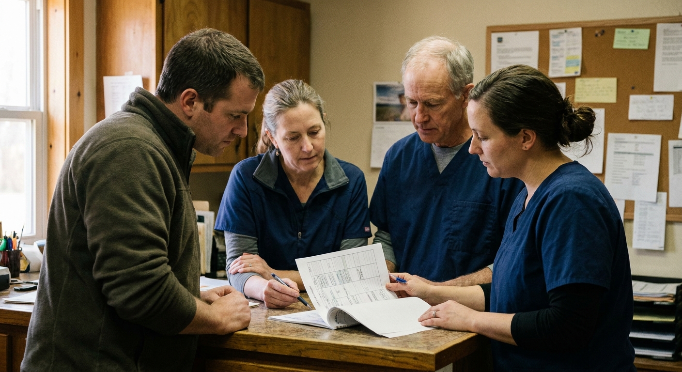 Four veterinary team members (two veterinarians in scrubs, a technician, a practice manager, mixed ages and…