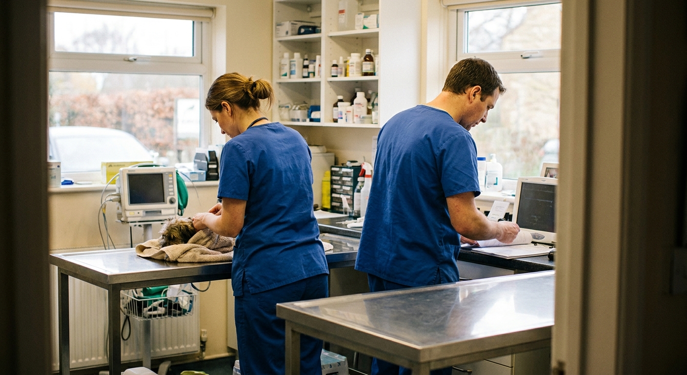 A busy but orderly treatment area of an independent small-animal practice mid-morning, two veterinarians working…