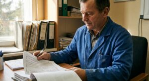 A male practice-owner veterinarian in his fifties in a lab coat at an office desk looking DOWN at a printed…