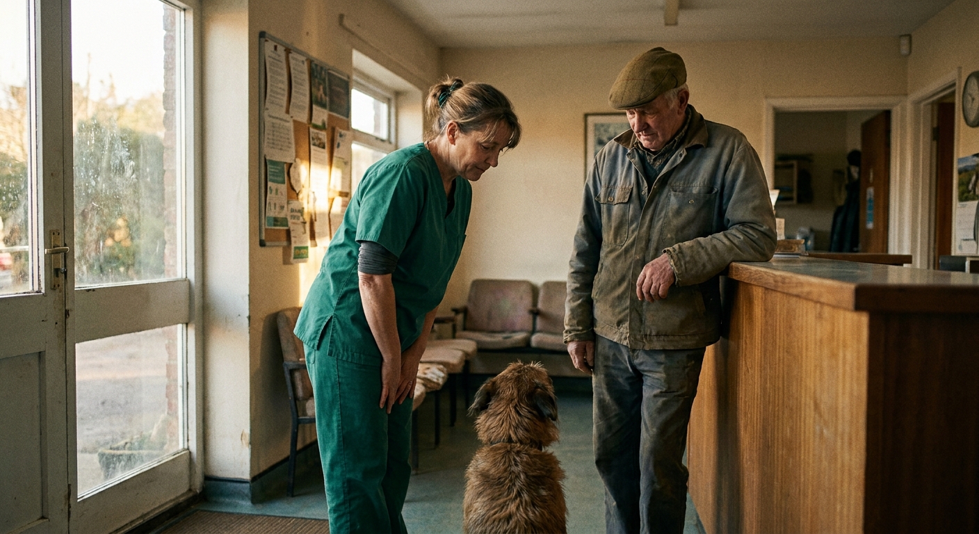 A rural veterinarian (a woman in her fifties in scrubs) with a long-time client (an older man in a work jacket)…