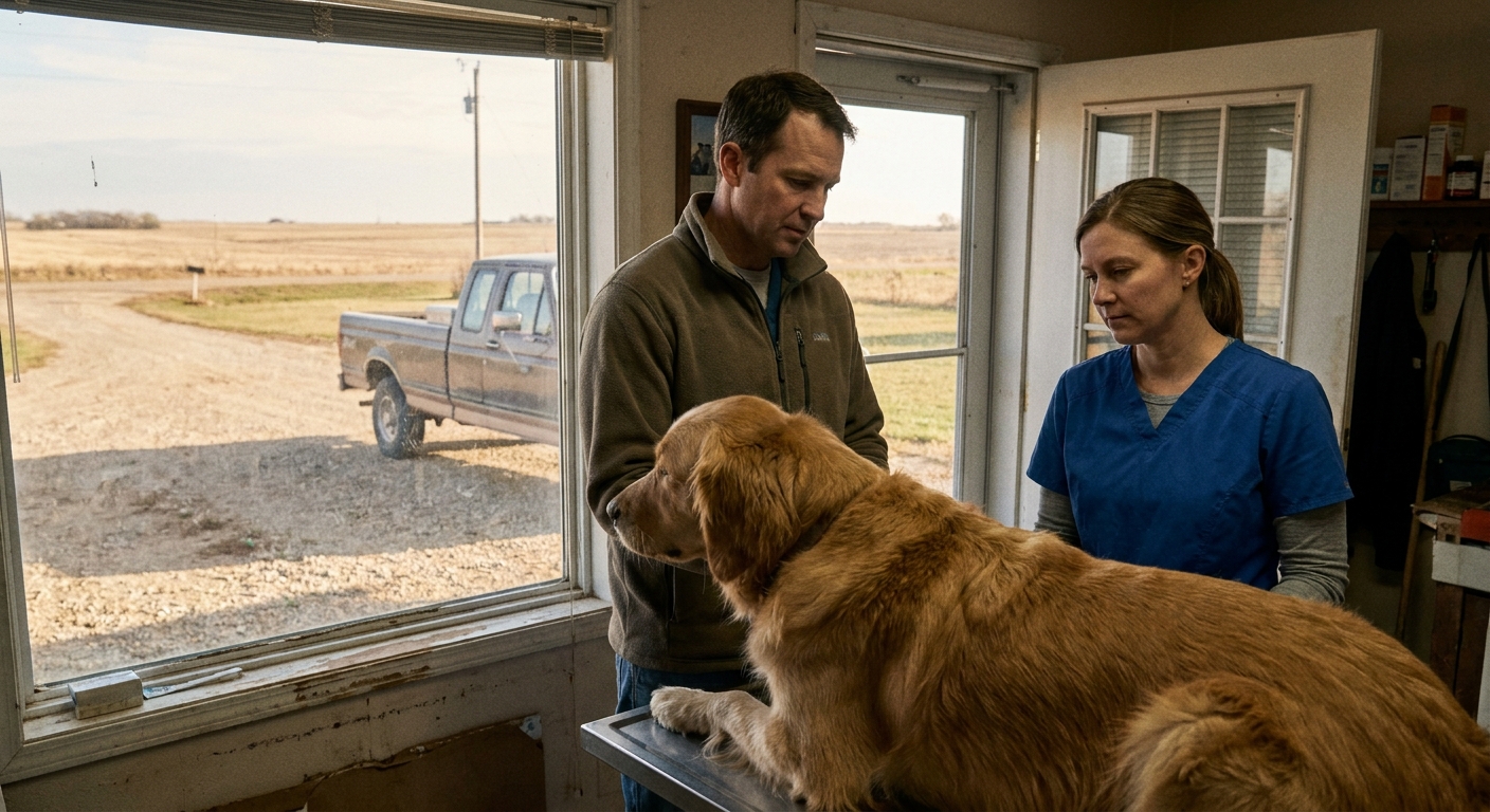 The modest exterior-adjacent interior of a small rural veterinary practice seen from inside the entrance — a…