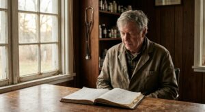 A male veterinarian in his early sixties in a worn lab coat at a plain wooden desk in a small rural…